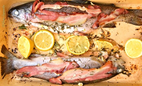 РОЗОВАЯ ФОРЕЛЬ ЗАПЕЧЕННАЯ С ТРАВАМИ ЛИМОНОМ ЧЕСНОКОМ И БЕКОНОМ