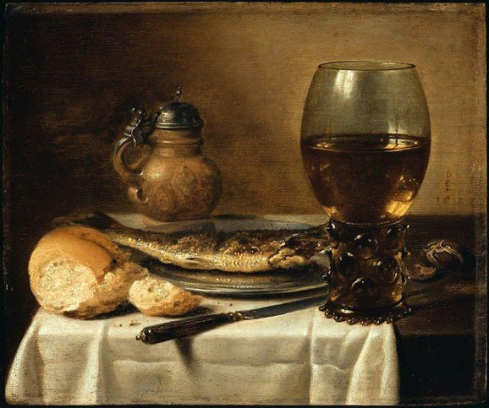 Claesz, Still Life with Stoneware Jug, Wine Glass, Herring & Bread